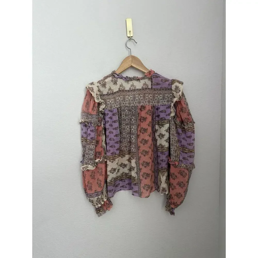 Karlie Patchwork Floral Peasant Blouse in Coral, Lavender & Cream - Picture 7 of 7